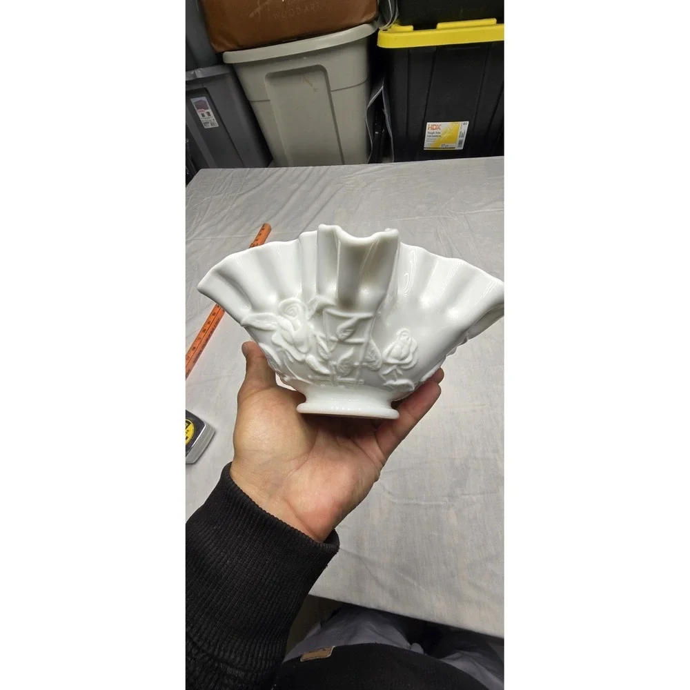 Vintage Milk Glass With Roses And Ruffle Rim - Picture 4 of 11